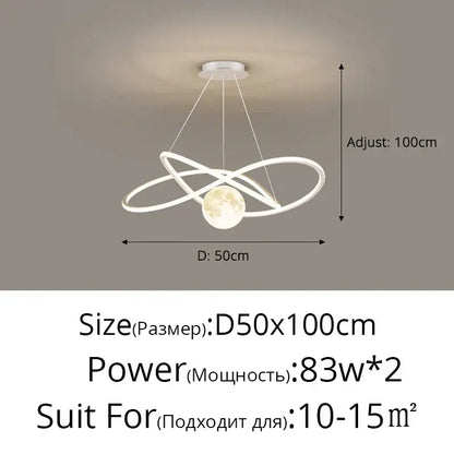 White led pendant light with moon and orbit rings design, adjustable height 100cm for living dining study by DecorBites led pendant