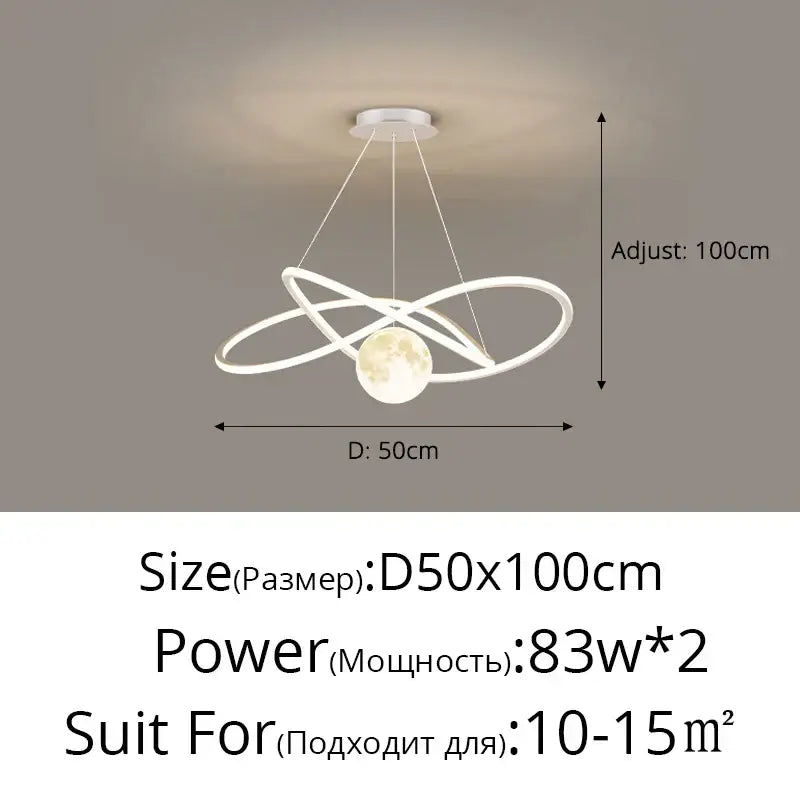 White led pendant light with moon and orbit rings design, adjustable height 100cm for living dining study by DecorBites led pendant