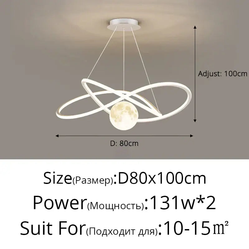 White decorbites led pendant light with modern intertwined ring design and illuminated moon-shaped pendant for indoor use
