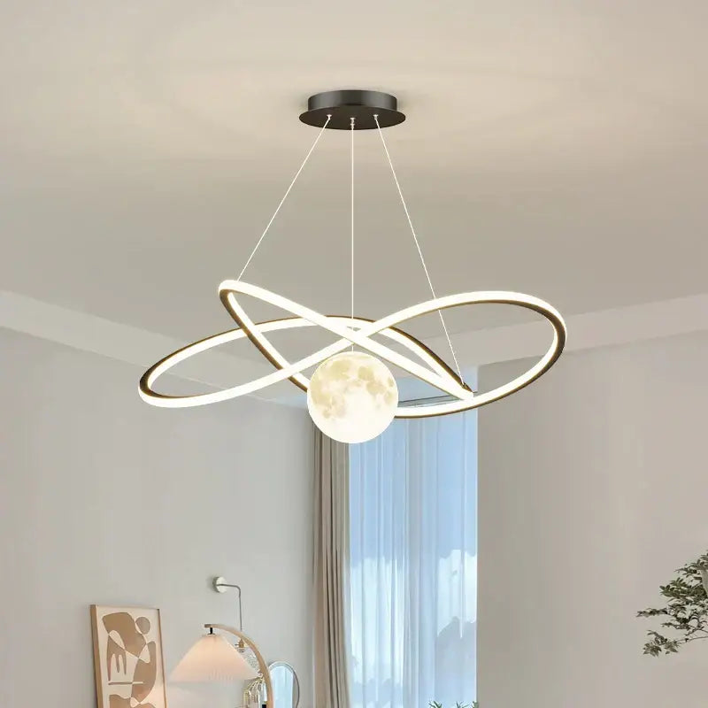 Modern minimalist decorbites led pendant lights with two interlocking white led rings and central moon globe for indoor use