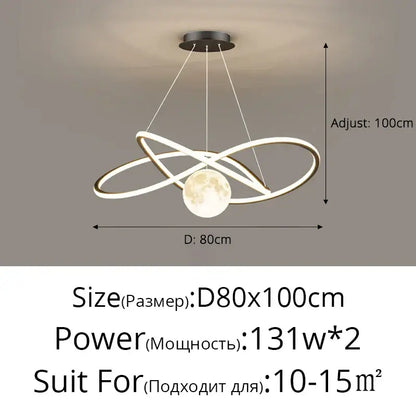 Modern minimalist DecorBites™ LED pendant lights with sleek metallic rings and illuminated moon-shaped globe for indoor use
