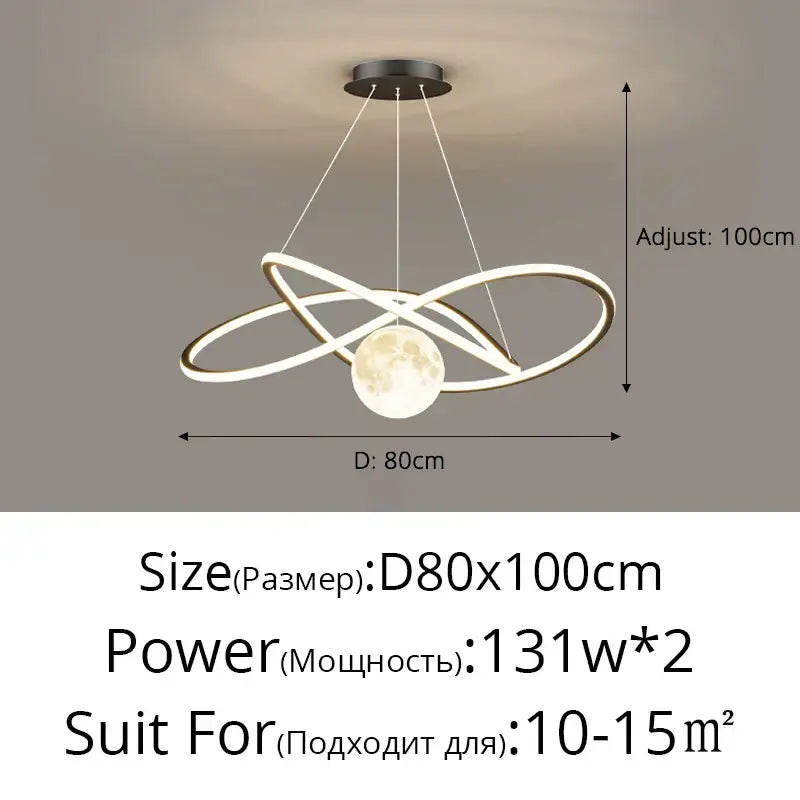 Modern minimalist DecorBites™ LED pendant lights with sleek metallic rings and illuminated moon-shaped globe for indoor use