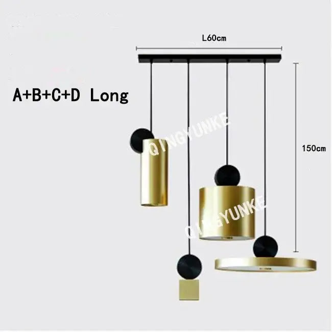 Modern gold and black decorbites led pendant lights with geometric cylindrical spherical and square elements for living room lighting