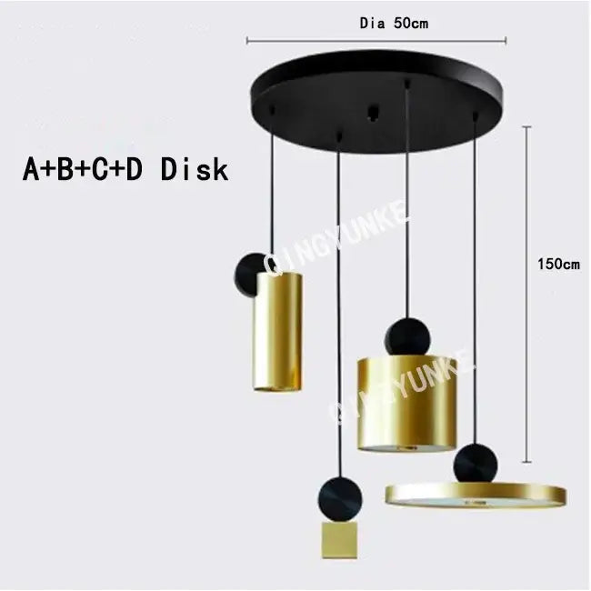 Modern geometric decorbites led pendant lights with black ceiling mount and gold cylindrical elements for living room chandelier