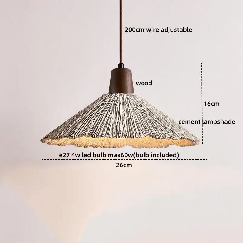DecorBites LED pendant light with rustic cement shade and dark wood top suspended by adjustable wire for modern decor