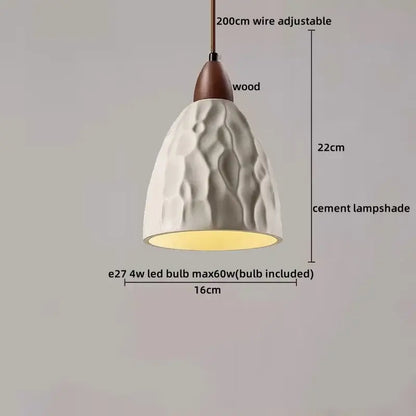 White cement lampshade with textured wavy surface and wooden top in decorbites led pendant lights for modern decor