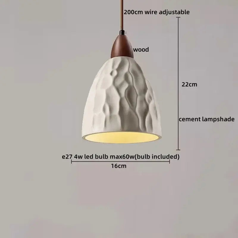 White cement lampshade with textured wavy surface and wooden top in decorbites led pendant lights for modern decor