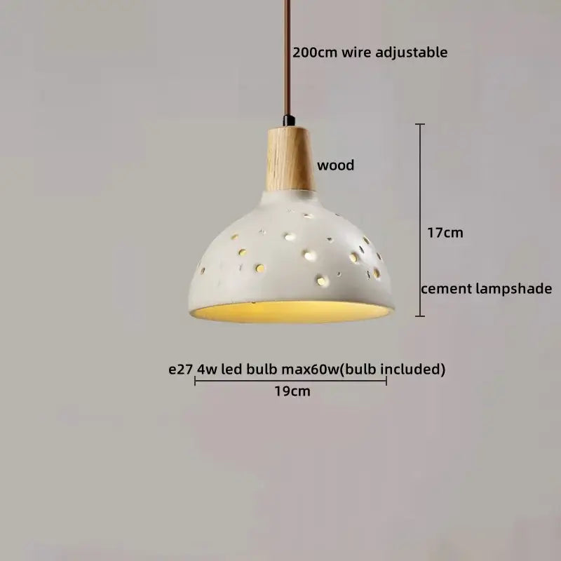 White cement lampshade led pendant lights with wooden top and circular perforations by decorbites led pendant