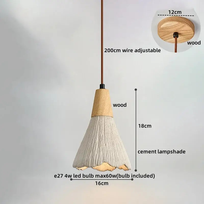 A modern decorbites led pendant light with off-white cement shade and natural wood top and base pendant lights