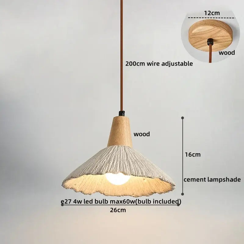 A rustic DecorBites LED pendant light with wooden top and base and textured cement shade diffusing warm light