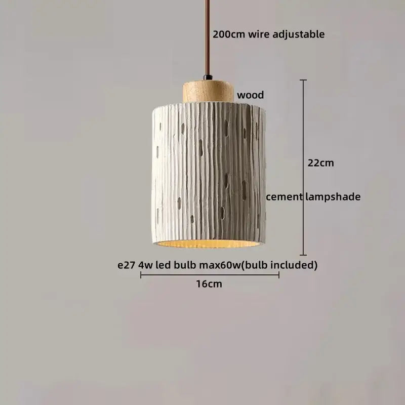 Cylindrical cement led pendant light with vertical ridges and wood top suspended by adjustable wire by decorbites