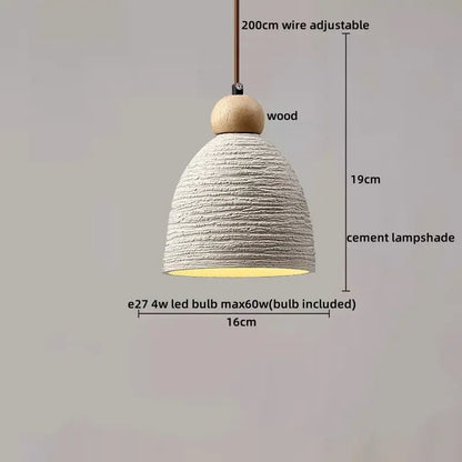 A rustic decorbites led pendant light with a textured white cement shade and natural wood finial suspended by an adjustable wire