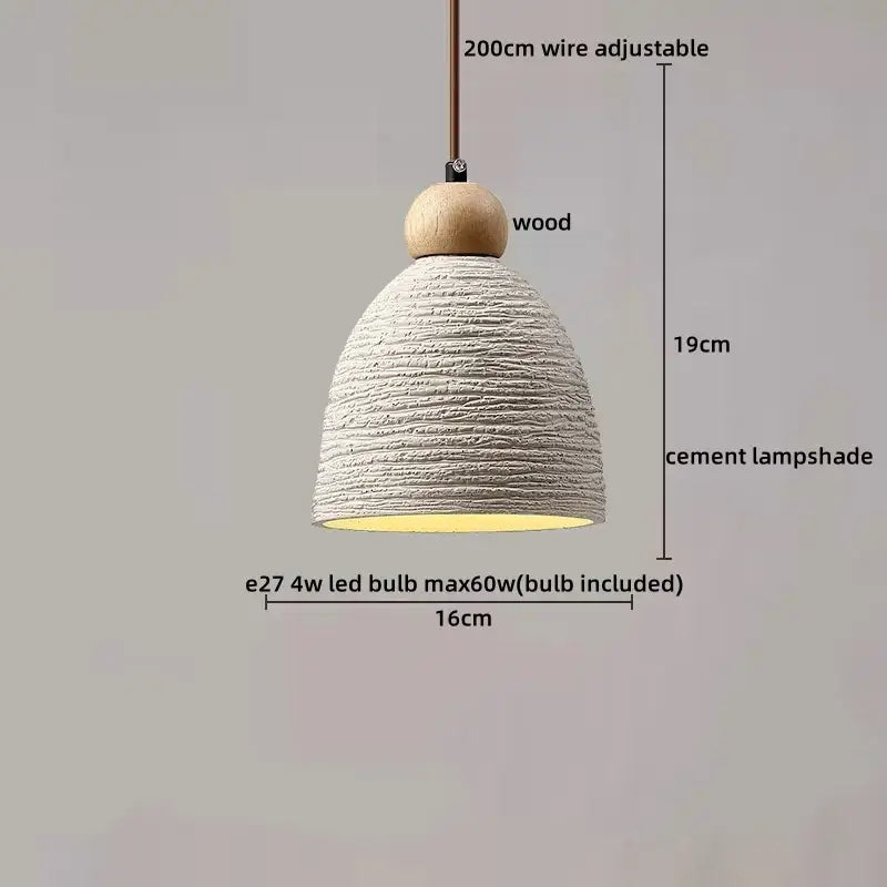 A rustic decorbites led pendant light with a textured white cement shade and natural wood finial suspended by an adjustable wire