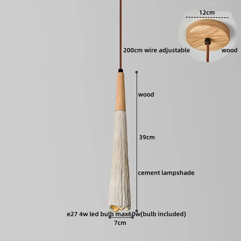Rustic decorbites led pendant light with wooden top and stem and off-white textured cement lampshade