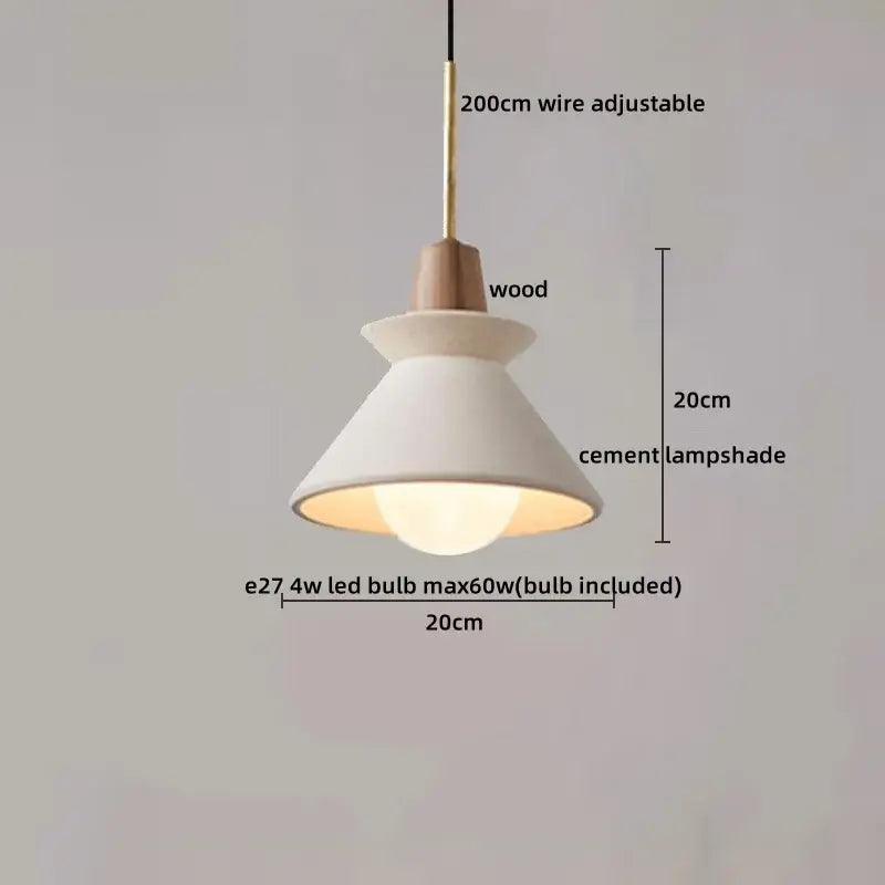 Minimalist DecorBites led pendant light with white cement lampshade, wooden top, and adjustable 200cm wire suspension