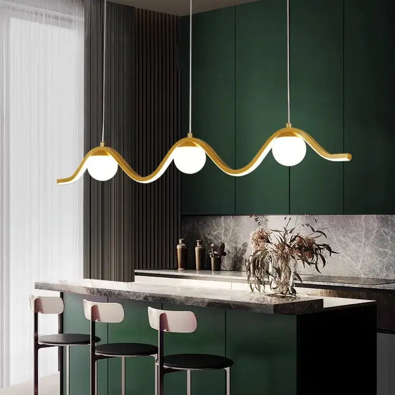 Gold-colored wavy decorbites led pendant lights with three spherical bulbs for modern indoor home lighting
