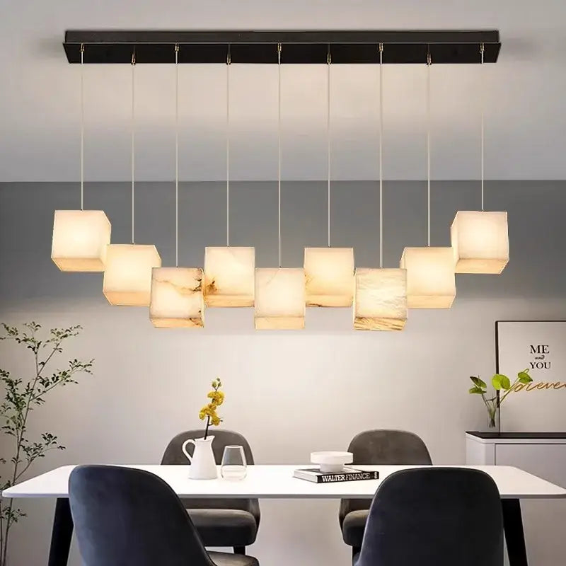 Modern black rectangular ceiling fixture with ten warm-toned stone pendant lights decorbites led pendant lights