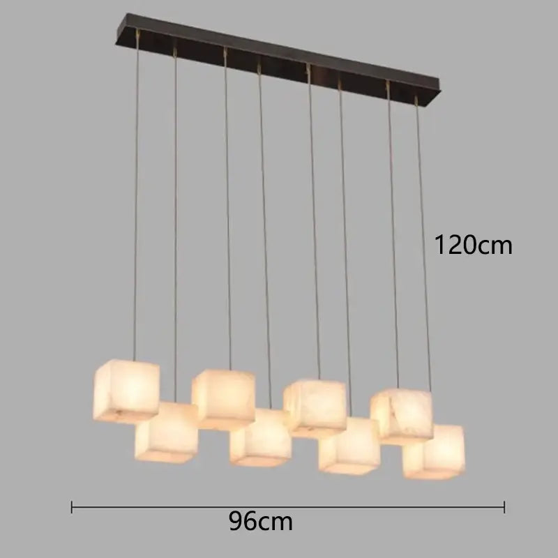 Modern decorbites led pendant lights featuring a dark bronze bar with seven glowing off-white cube lamps for indoor lighting