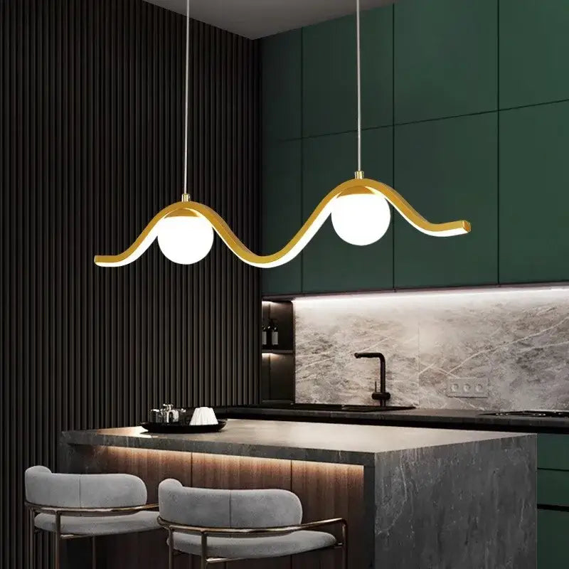 Gold-toned wave-shaped pendant light with two white bulbs from DecorBites led pendant lights for modern indoor decor