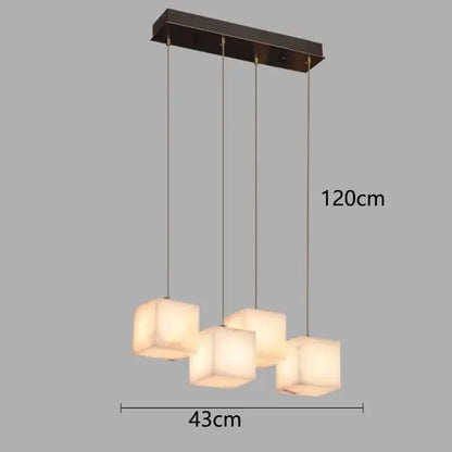 Modern rectangular decorbites led pendant lights with four warm translucent square shades and dark bronze ceiling mount