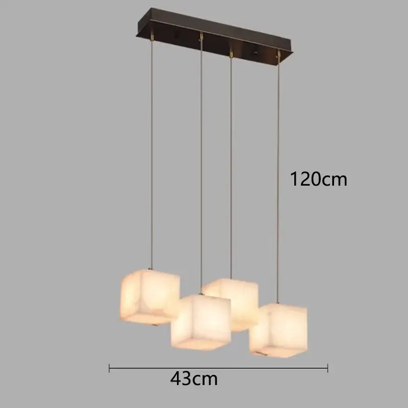 Modern rectangular decorbites led pendant lights with four warm translucent square shades and dark bronze ceiling mount