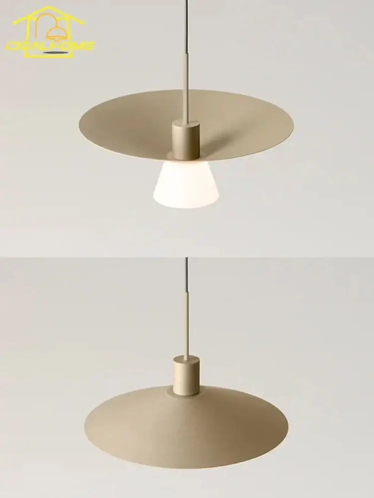 Minimalist beige decorbites led pendant light with disc-shaped shade and frosted glass bulb for modern interiors