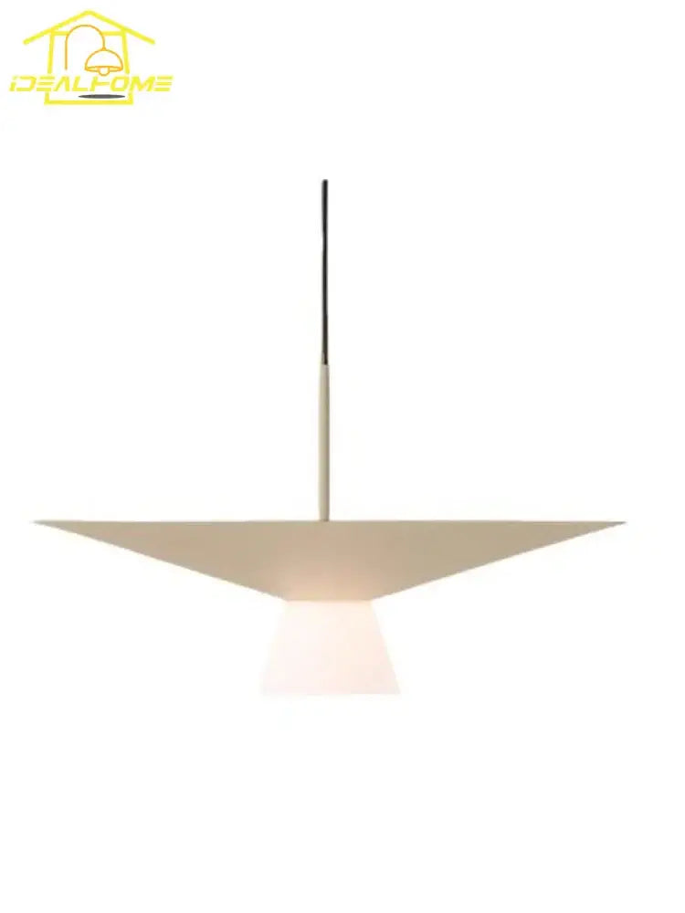 Modern minimalist decorbites led pendant light with matte off-white triangular shade and slender metallic rod for dining room