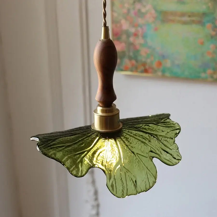 Decorbites led pendant light with olive green glass leaf design, brass base, and walnut wood handle nordic modern style