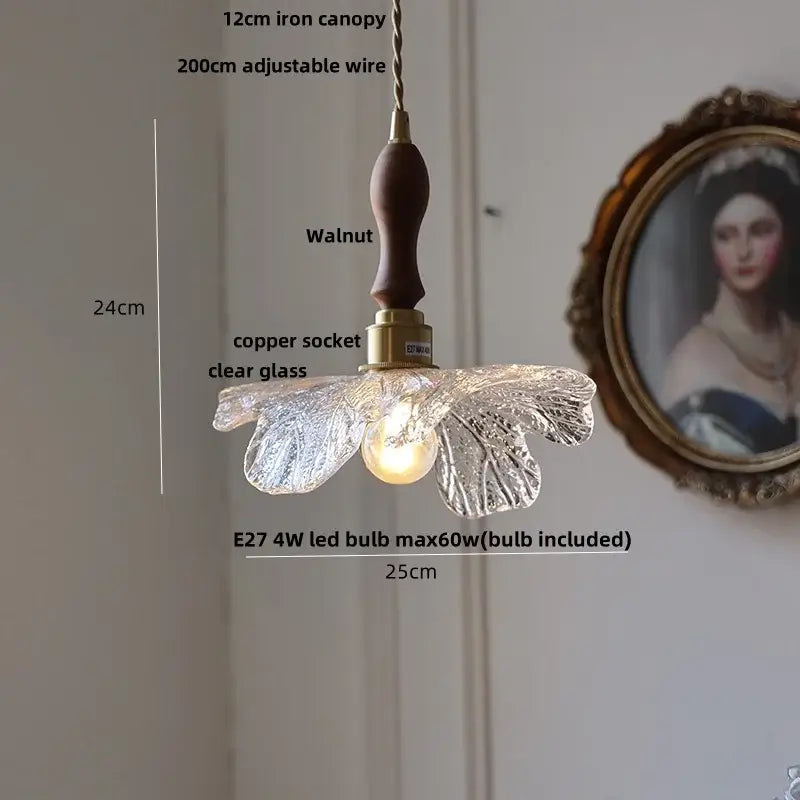 Decorbites led pendant light with clear glass flower shade walnut wood handle and copper socket nordic modern design