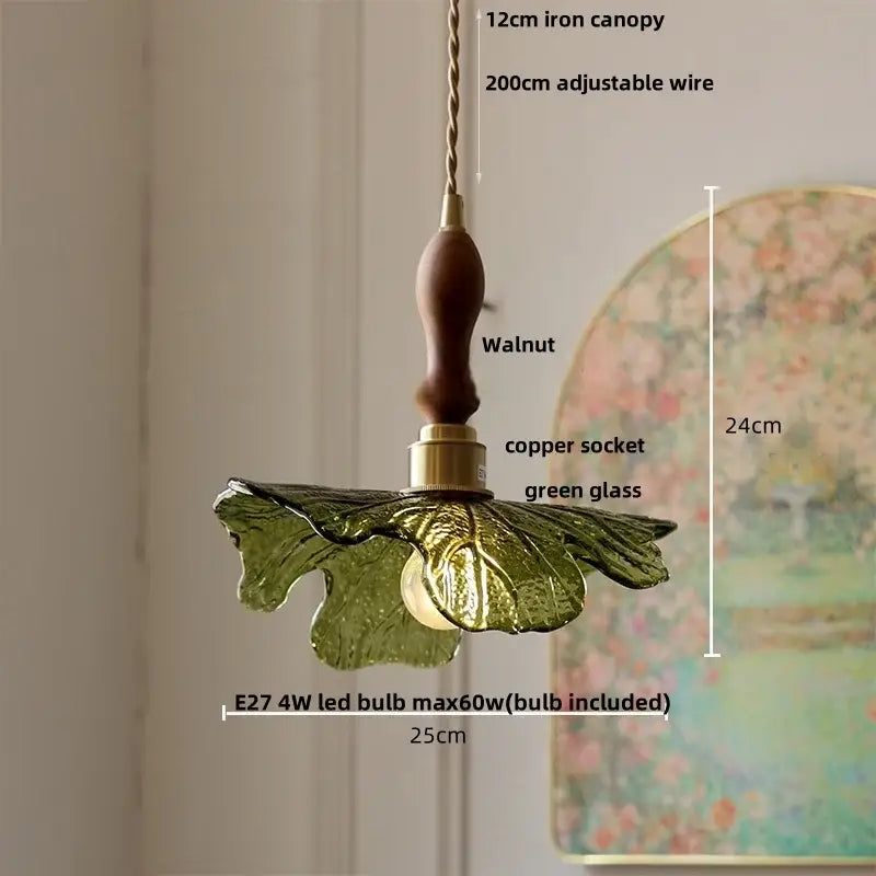 Decorbites led pendant light with green glass leaf design copper socket and walnut wood handle in nordic modern style