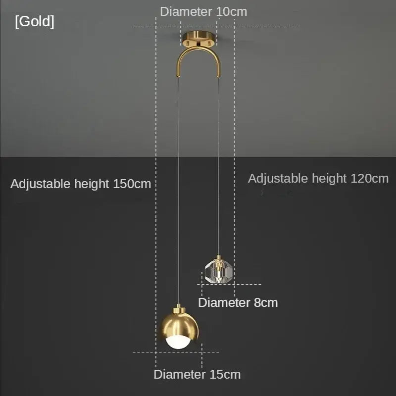 Gold-finished DecorBites LED pendant light with spherical bulb and crystal accent for luxury bedroom decor