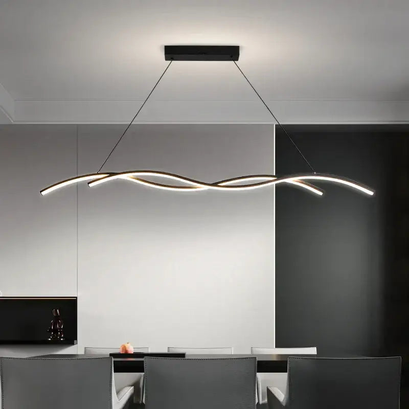 Modern black decorbites led pendant lights featuring sleek wave-like led strips emitting warm glow for indoor use