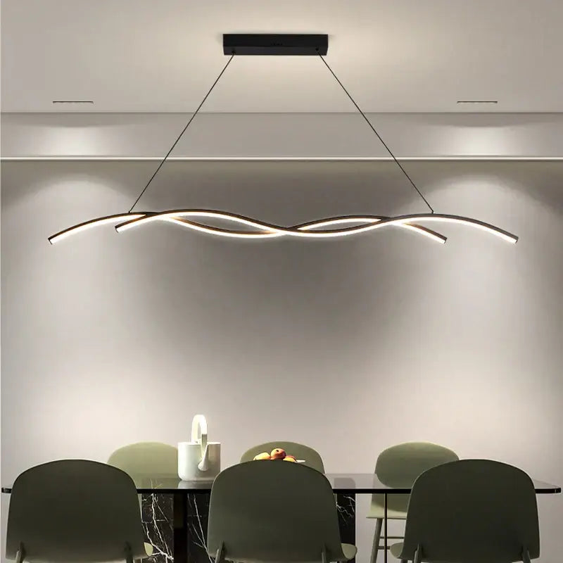 Modern black rectangular DecorBites led pendant lights with two intertwined glowing white LED light strips for indoor decor