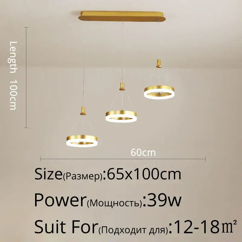 Modern gold-finished decorbites led pendant lights with three circular rings and rectangular ceiling mount fixture
