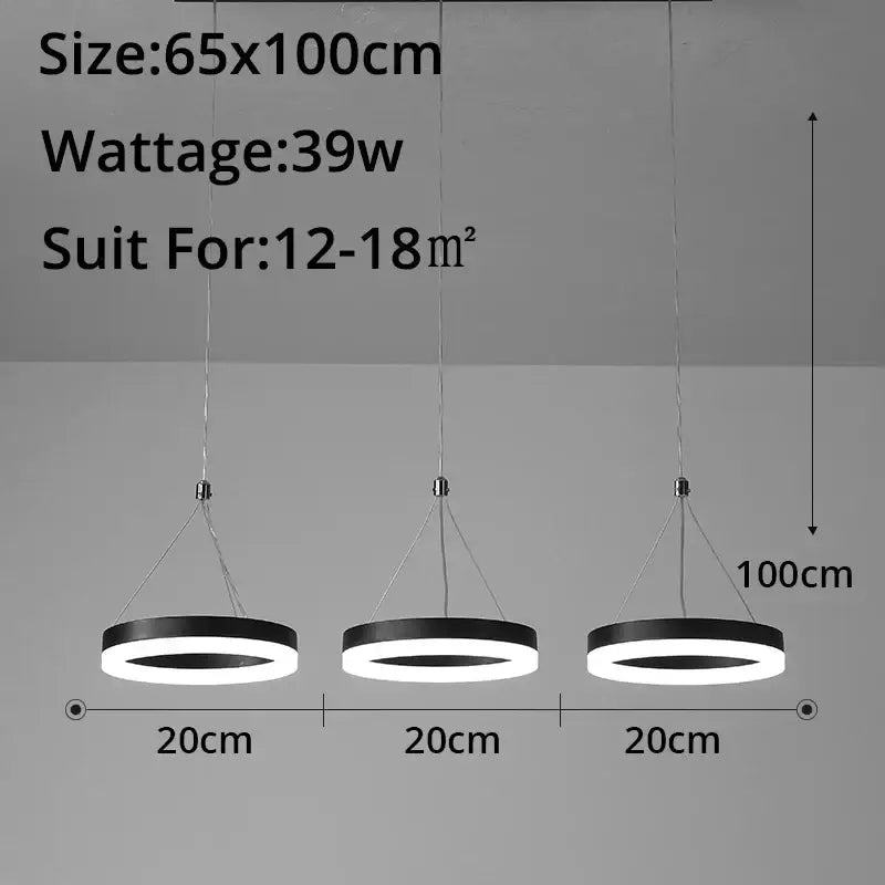 Three modern black circular decorbites led pendant lights with sleek minimalist design and remote control