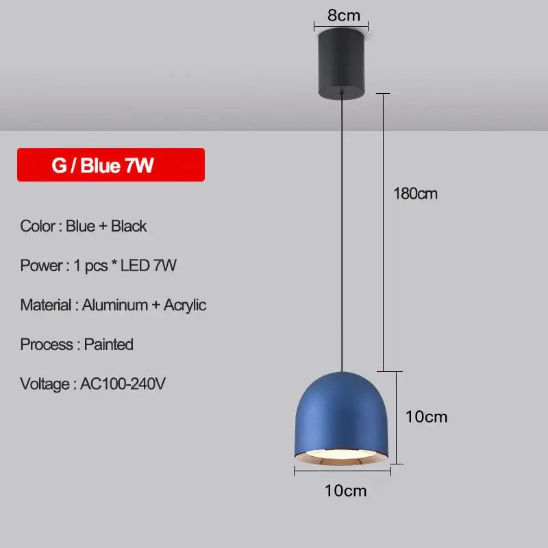 Blue decorbites led pendant light with dome shape black mount thin cord painted aluminum and acrylic materials