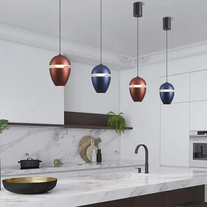 DecorBites led pendant lights with copper and navy blue teardrop design featuring horizontal light strips for modern interiors