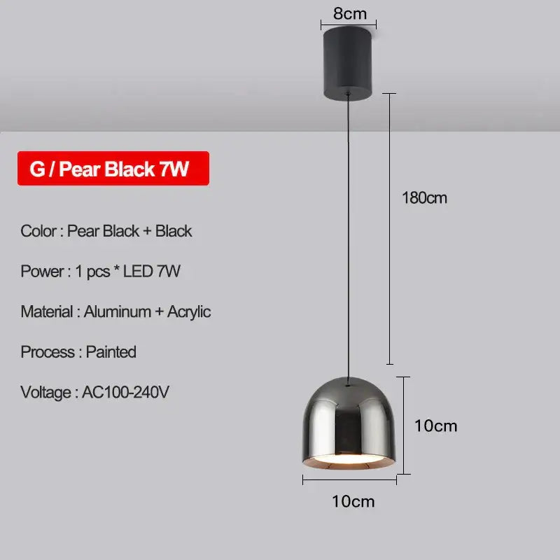 Pear black 7w decorbites led pendant light with dome-shaped acrylic shade and aluminum ceiling mount for modern interiors