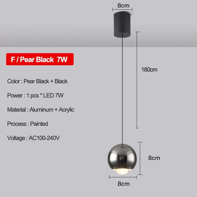 Pear black 7w decorbites led pendant light with spherical glass globe and black aluminum ceiling mount for modern interiors