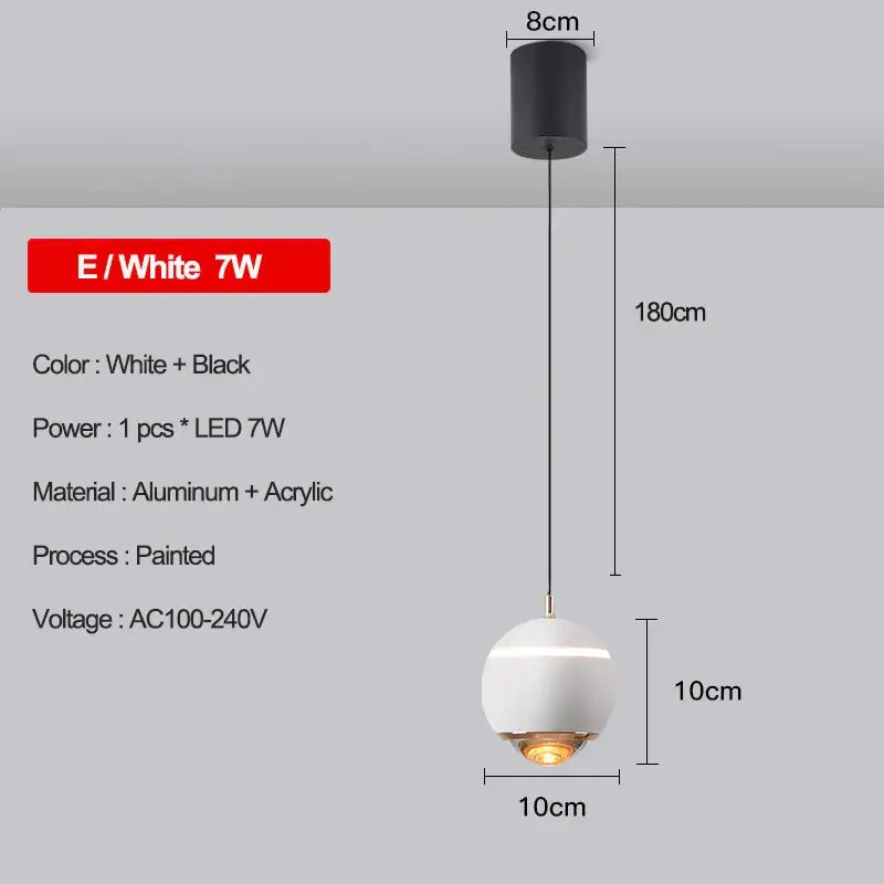 A modern white and black decorbites led pendant light with a spherical acrylic shade and aluminum ceiling mount