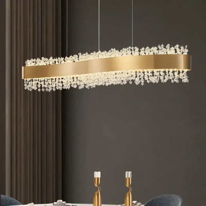Decorbites led pendant gold-toned rectangular chandelier with cascading clear crystal droplets for modern pendant lights