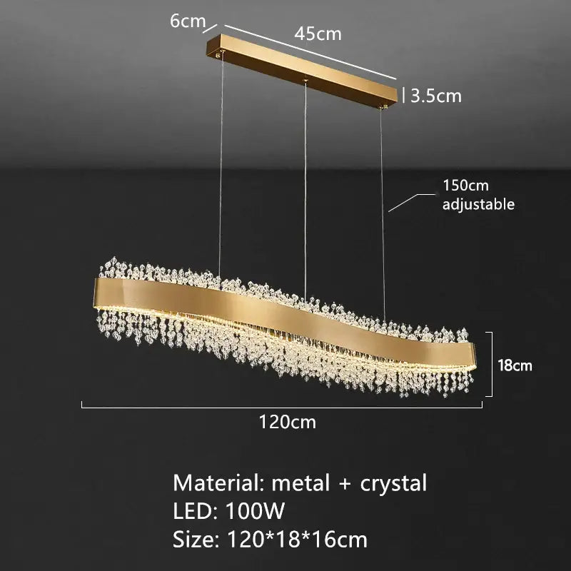 Gold-toned modern decorbites led pendant light with curved metal frame and cascading crystals for bedroom and bar