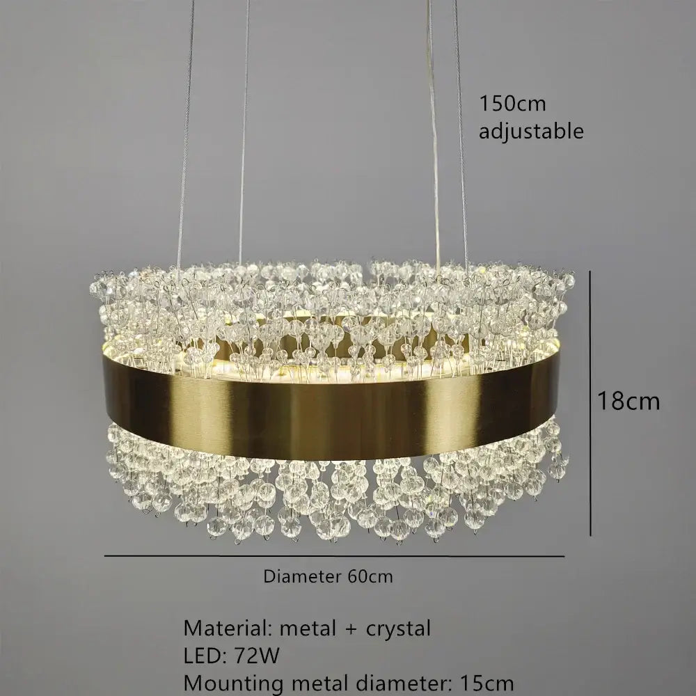 Gold-toned decorbites led pendant lights with cascading clear crystal droplets and sleek metallic band for modern spaces