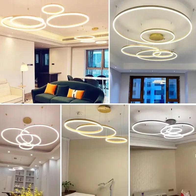 Modern decorbites led pendant lights featuring a circular led chandelier with warm white light and metallic finish
