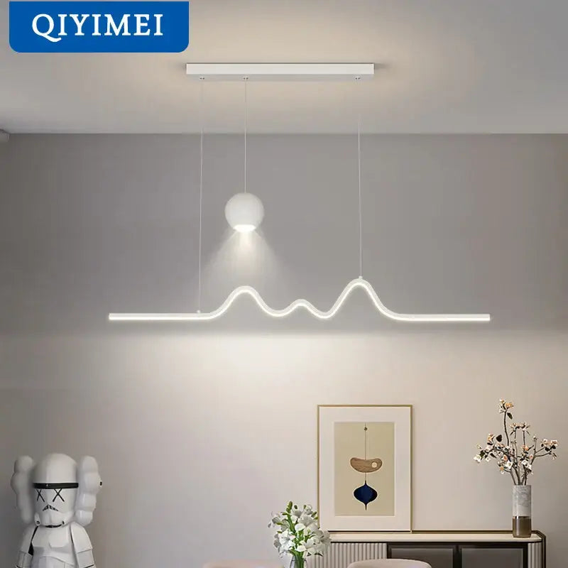 Modern white DecorBites LED pendant lights with wave-shaped design and spherical bulb for dining kitchen island decor