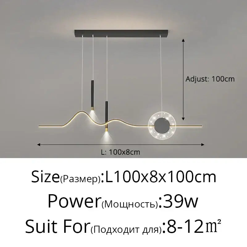 Modern minimalist decorbites led pendant lights with black mount, slender rods, and illuminated golden ring for dining decor