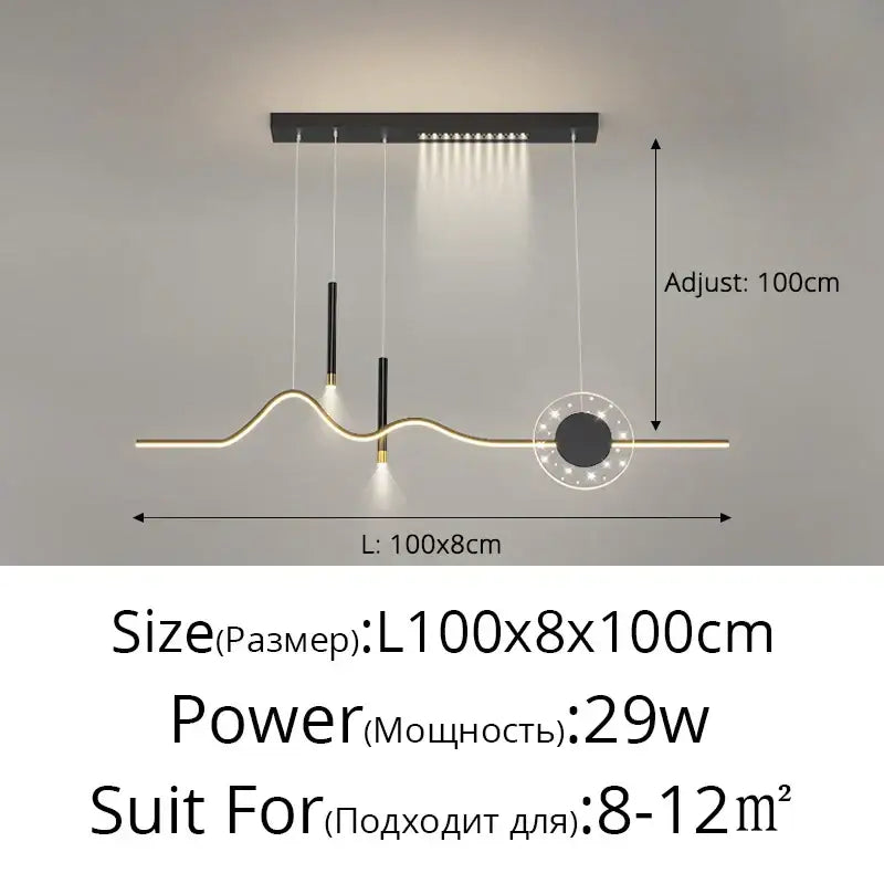Modern black and gold DecorBites LED pendant lights with adjustable height and sleek wave design for dining decor