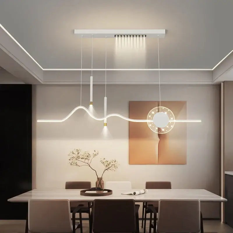Modern white decorbites led pendant lights with sleek wave design and circular accent light for dining kitchen decor