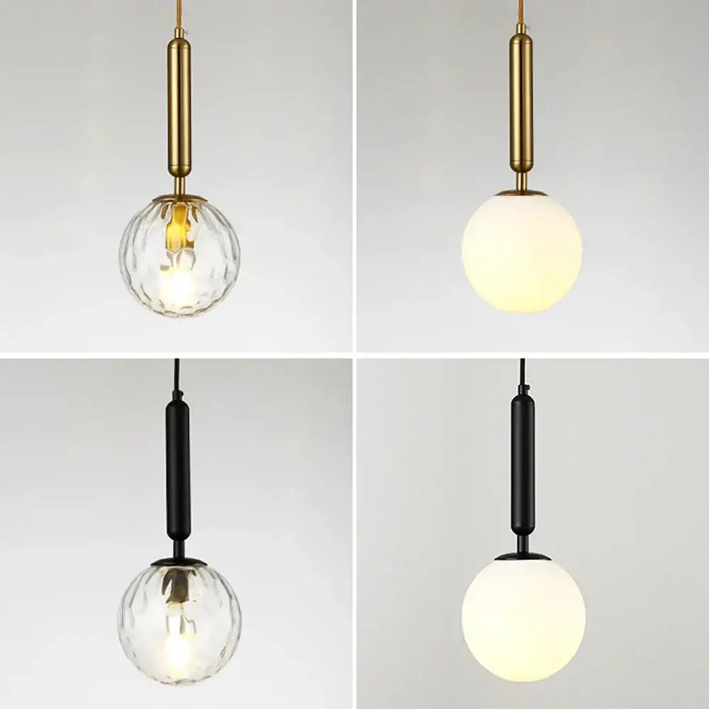 Modern spherical pendant lights with brass or black fixtures and textured or frosted glass shades for dining room by DecorBites LED pendant lights