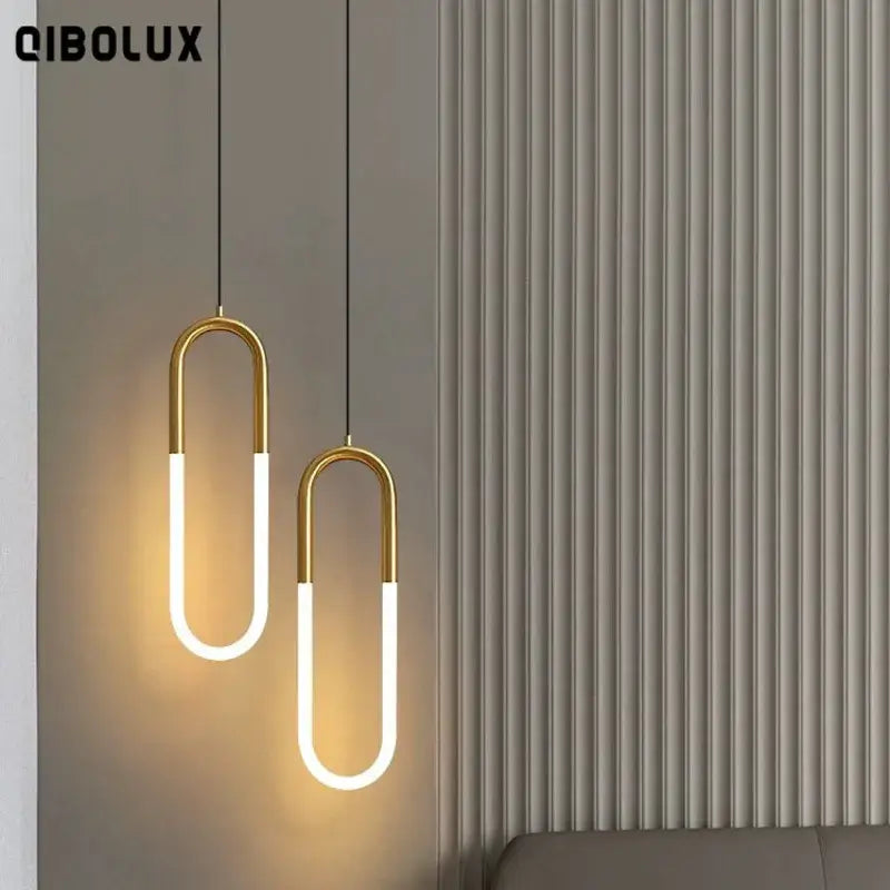 Gold-toned u-shaped decorbites led pendant lights with illuminated white led tubes for modern indoor lighting